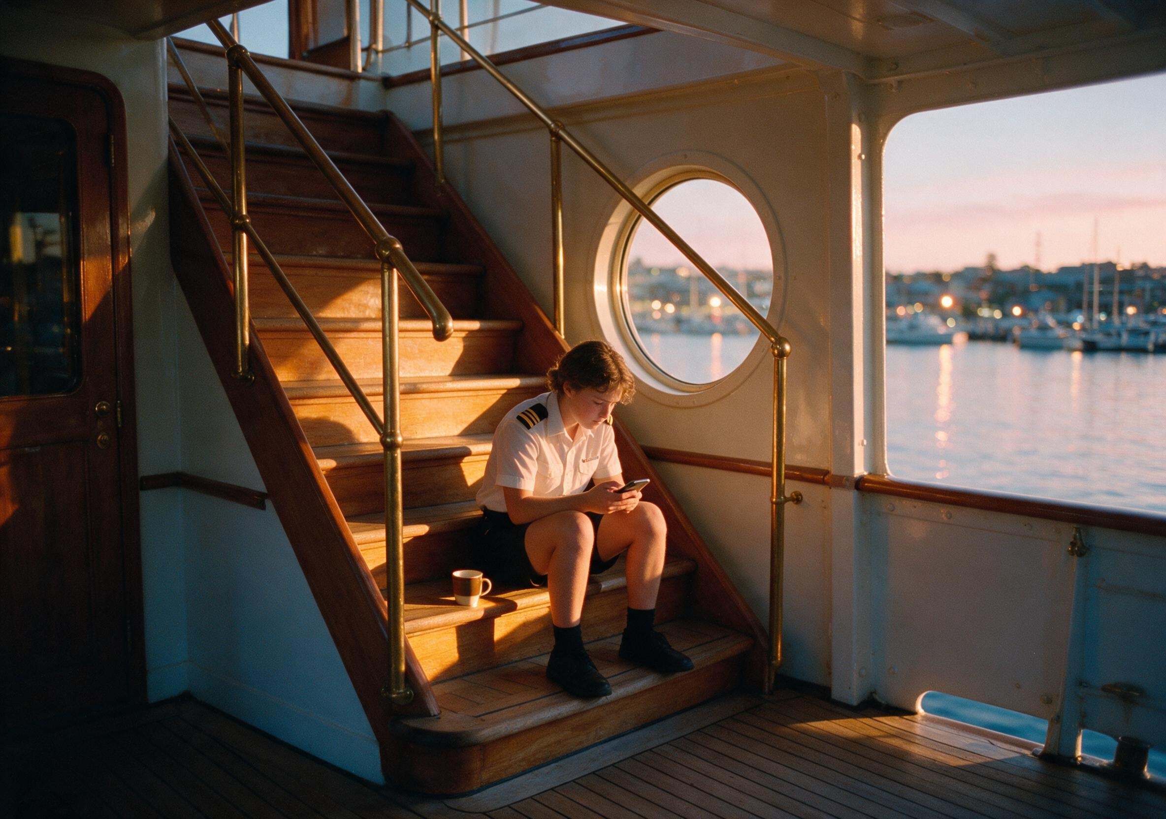 A crew member's hand holding a phone during a quiet off-duty moment on deck