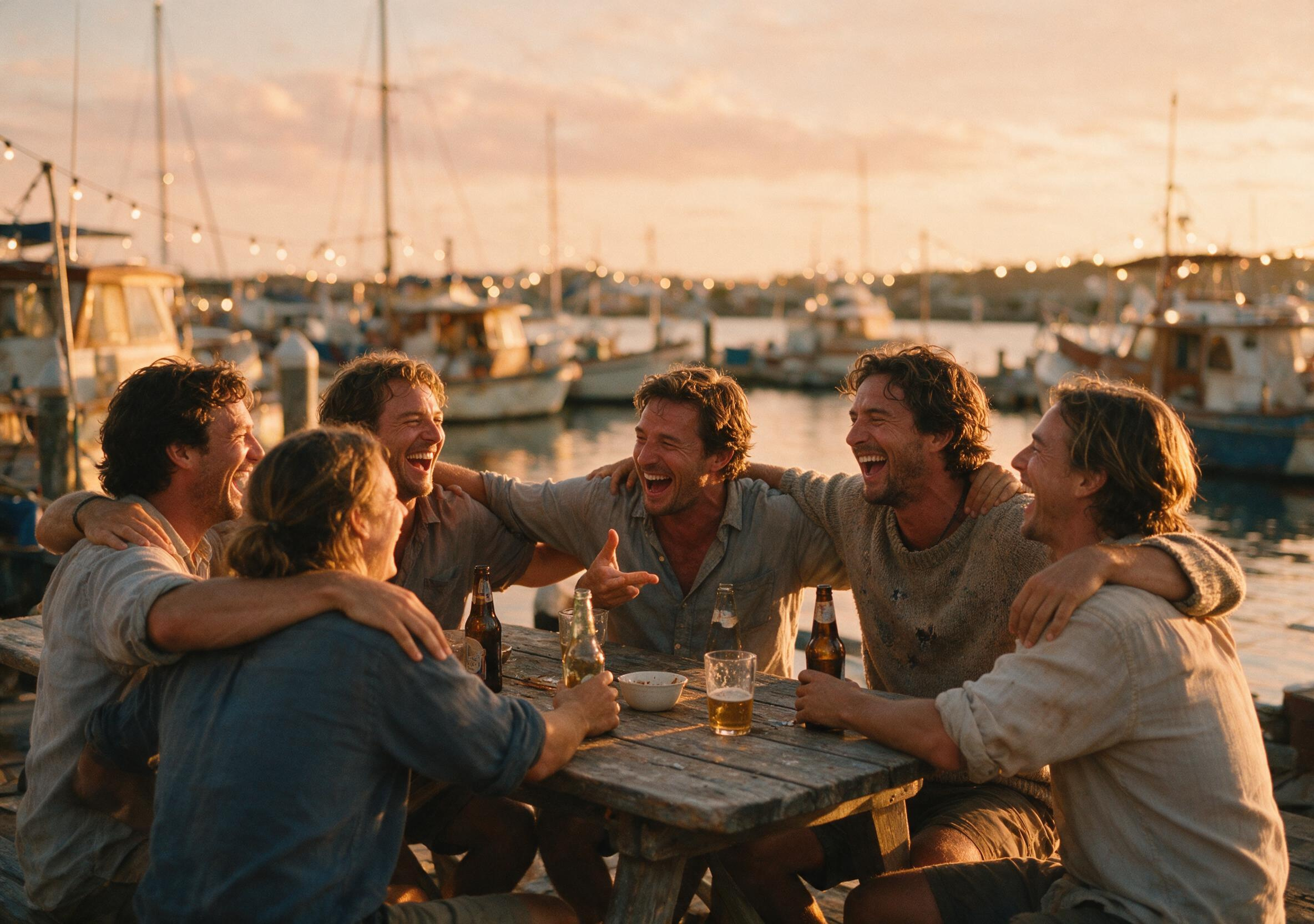 Crew laughing together off the boat at the end of a season