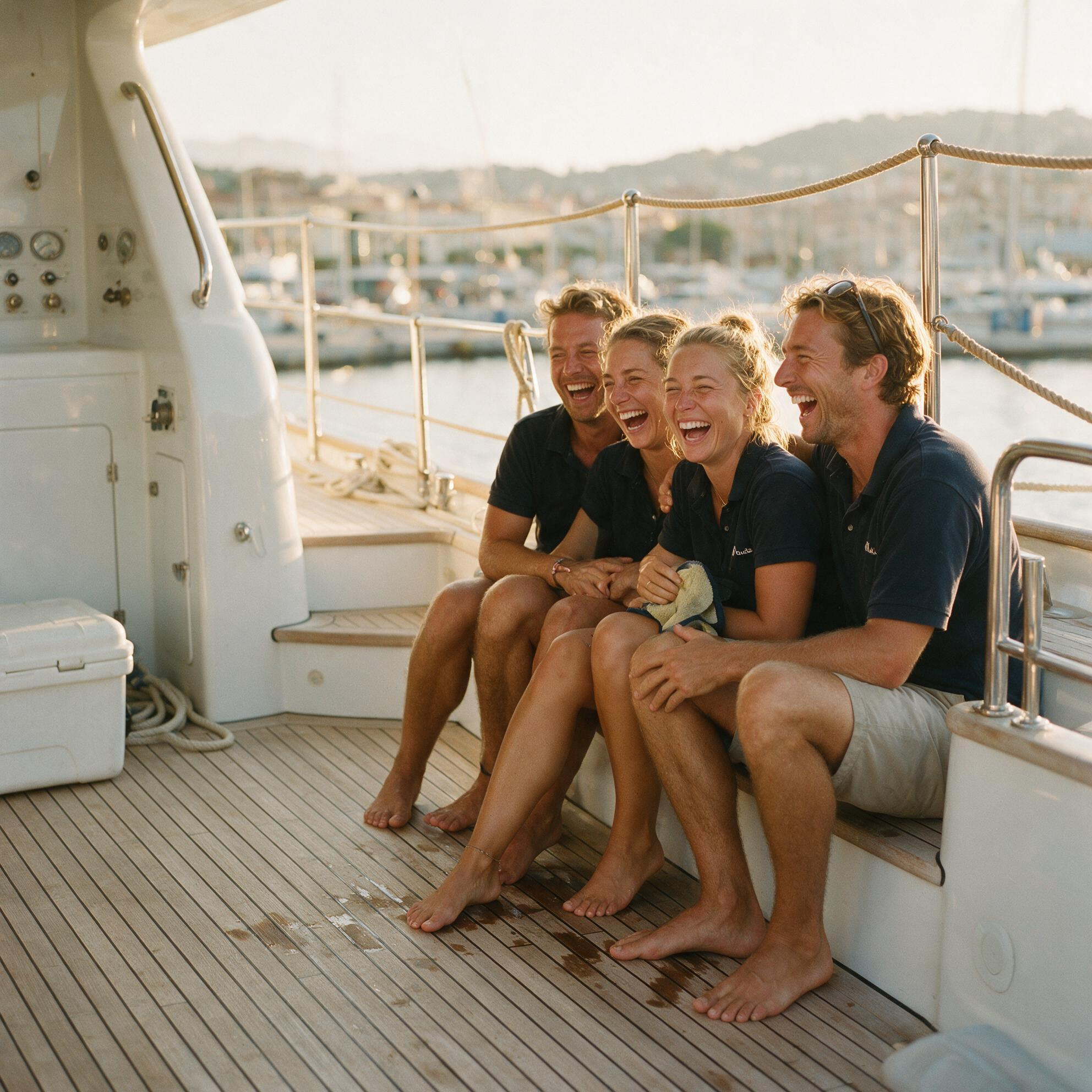 Crew relaxing together on the aft deck at the end of a charter